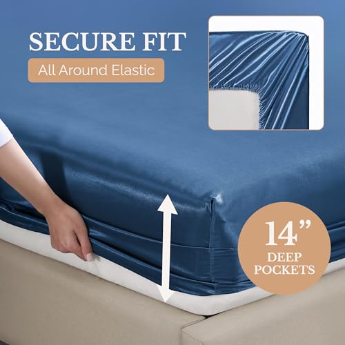 Casa Platino Satin Sheets Twin Size - Smooth Twin Sheets with 15 Inch Deep Pocket Fit, Makes for a Cool Nights Sleep, Great for Hot Sleepers, Helps with Hair Protection, Wrinkle-Resistant - Dark Blue Casa Platino