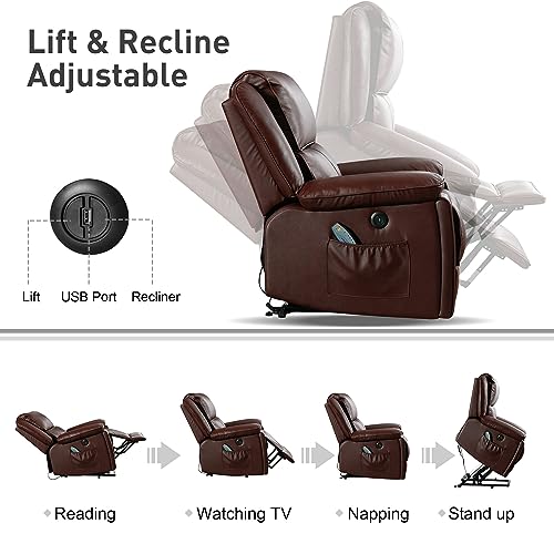 Bonzy Home Genuine Leather Lift Recliner Chair with Heat and Massage, Leather Power Lift Recliner RV Recliner for Adults Elderly, 2 Hidden Cup Holders, USB Port, Red Brown