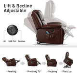 Bonzy Home Genuine Leather Lift Recliner Chair with Heat and Massage, Leather Power Lift Recliner RV Recliner for Adults Elderly, 2 Hidden Cup Holders, USB Port, Red Brown
