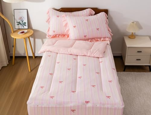 Meeting Story 3pcs Kids Comforter Set Twin Zipper Bedding Set for Girls,Bow Bedding Set Princess Comforter Set for Kid,All in one Zipper Bedding（Lightpink,Twin） Meeting Story