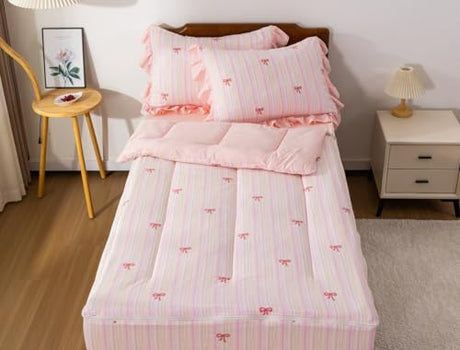 Meeting Story 3pcs Kids Comforter Set Twin Zipper Bedding Set for Girls,Bow Bedding Set Princess Comforter Set for Kid,All in one Zipper Bedding（Lightpink,Twin） Meeting Story