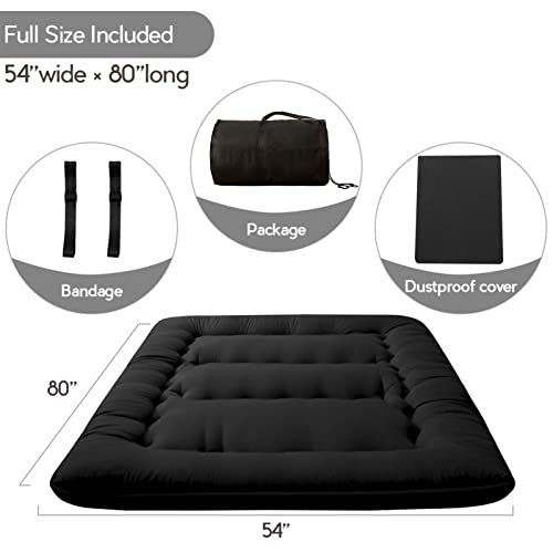 MAXYOYO Japanese Floor Futon Mattress, 4" Thicken Tatami Mat Sleeping Pad Foldable Roll Up Boys Girls Dormitory Mattress Kids Lounger Pillow Bed, Black, Full