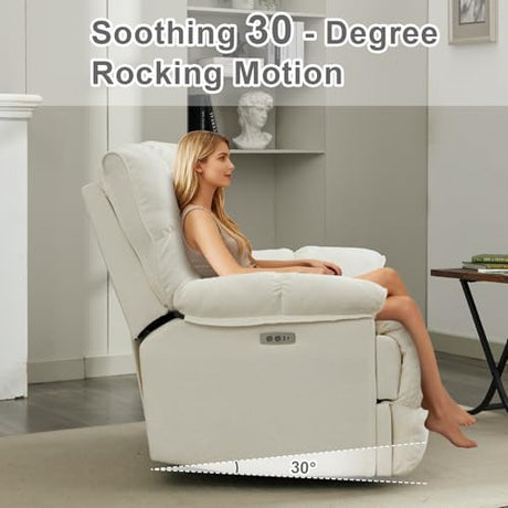 Pationate Oversized Rocker Recliner Chair,Power Swivel Recliner for Living Room,Overstuffed Extra Wide Rocking Recliners with Breathable Soft Fabric,Up to 350lbs (Power, White) Pationate