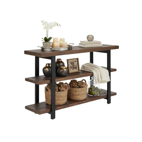 Alaterre Furniture Pomona Living Room Collection – 3-Tier Solid Wood Media Console Table with 2 Open Shelves and Metal Legs - Rustic Industrial Farmhouse TV Stand and Storage Console (Rustic Brown) Alaterre Furniture