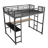 KMBOHE Full Size Loft Bed with Desk and Shelves, Metal Loft Bed with Ladder and Guardrails, Loft Bed Frame for Bedroom, Black KMBOHE
