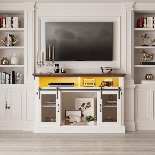 Farmhouse TV Stand for TVs Up to 55 Inches, Entertainment Center with LED Lights, Modern Media Console Table with Sliding Barn Door, White - WoodArtSupply