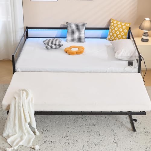 VINGLI Metal Twin Daybed with Pop Up Trundle Bed, Day Bed Frame with Charging Station and LED Lights for Living Room Guest Room or Bedroom, Black Daybed with Steel Slats for Adults, Teens and Kids VINGLI