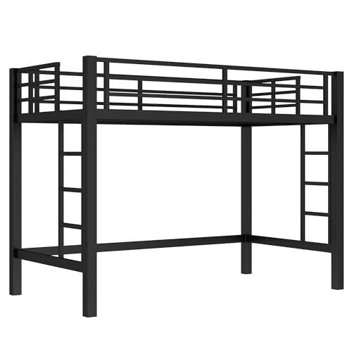 Metal Twin XL Size Loft Bed,Heavy Duty Loft Bed Frame Twin XL Size with 2 Ladders and Full Length Guardrails for Kids, Teens, Adults, Noise-Reducing,Space-Saving,Black Bellemave