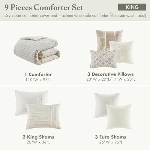 Madison Park King Comforter Set Clipped Jacquard Stripes with Buttons Boho Comforter for a King-Size Bed, Cotton Oversized Comforters with Removable Cover Boho Bedding, King Ivory 9 Piece Madison Park