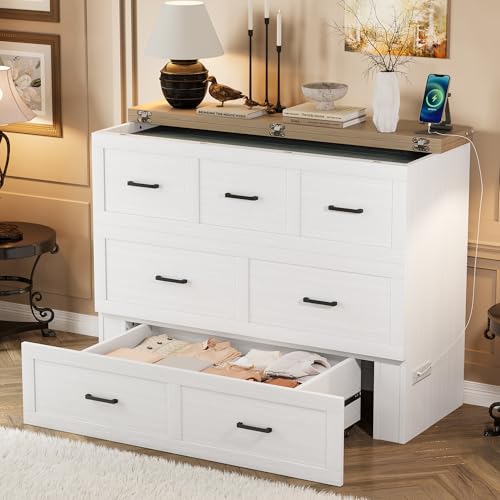 Merax Full Size Murphy Bed with Charging Station, Multi-Functional Foldable Platform Bed with 1 Large Storage Drawer for Guest Room, Small Bedroom, White Merax