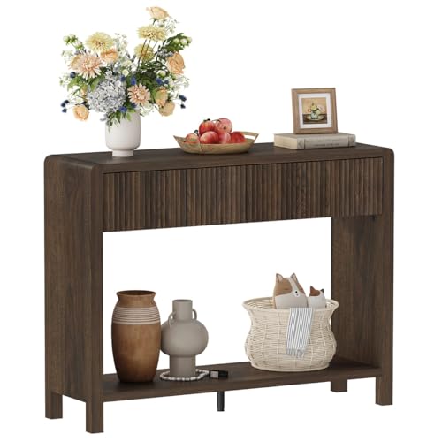 FATORRI Console Entryway Table, Narrow Wooden Sofa Table with 2 Drawers, 39.37 inch Modern Foyer Tables and Couch Tables Behind Sofa for Living Room, Hallway (Dark Walnut) FATORRI