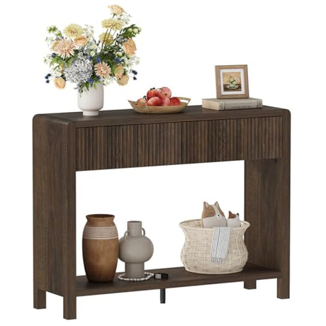 FATORRI Console Entryway Table, Narrow Wooden Sofa Table with 2 Drawers, 39.37 inch Modern Foyer Tables and Couch Tables Behind Sofa for Living Room, Hallway (Dark Walnut) FATORRI
