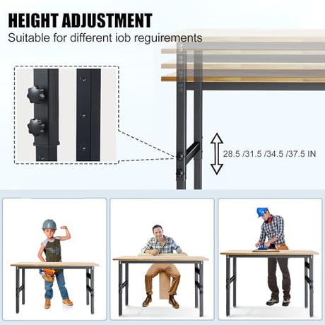 48" Workbench Desk with Power Outlets, Adjustable Height Rubber Wood Top Heavy-Duty Work Table, 2000 LBS Load Capacity Work Station for Garage, Workshop, Office, Home QYDS US