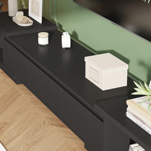Timechee Black TV Stands for Living Room, Extendable Under TV Table Stand Cabinet with Drawers, Entertainment Center with Storage, Modern Entertainment Media Console Center for Living Room, Bedroom Timechee