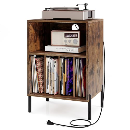 Giantex Record Player Stand with Charging Station, Turntable Stand with Storage Cabinet, Record Player Shelf with Metal Legs, Vinyl Record Storage up to 150 Albums for Living Room (Rustic Brown) Giantex