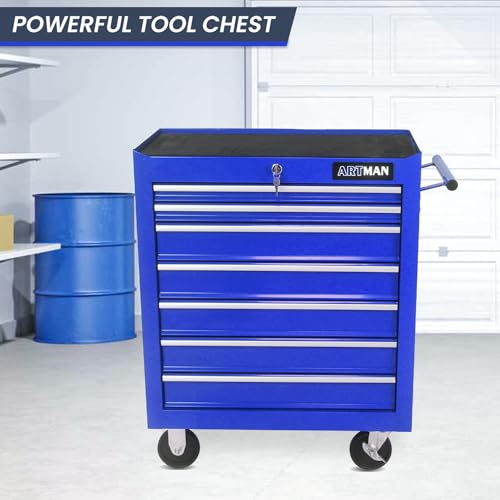 SumKea 7 Drawer Tool Cart, with Key Locking and Parking Brake, Suitable for Garages, Warehouses, Workshops, Repair Shops Tool Chest with Drawers, Blue - WoodArtSupply