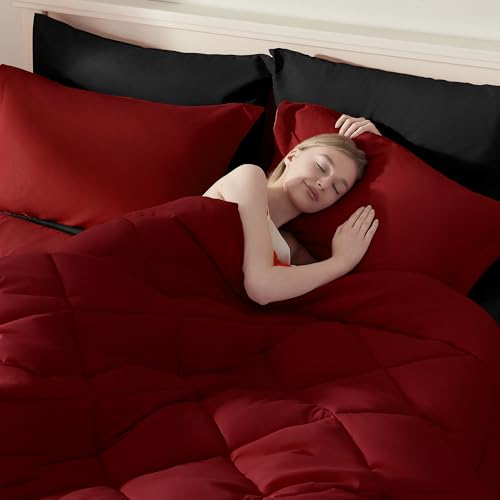 ELNIDO QUEEN® Queen Comforter Set 7 Pieces, Red and Black Bed in a Bag Queen Size, Bed Set All Seasons Bedding Sets with Reversible Comforter, Flat Sheet, Fitted Sheet, Pillowcases and Pillow Shams ELNIDO QUEEN