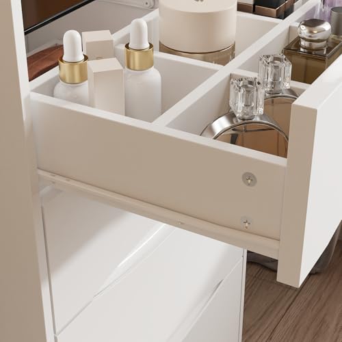 FUFU&GAGA Vanity Desk with Flip Top Mirror and Lights, Small Makeup Vanity Set with Glass Shelf, Space Saving Dressing Table with 3 Drawers & Cushion Stool for Bedroom, White 18.7”W x 15.7”D x 47.2”H FUFU&GAGA