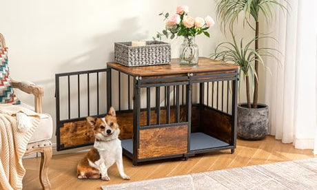 KOOPRO 32 Inch Dog Crate Furniture with Cushion for Large Medium Dogs, Wooden Heavy Duty Dog Kennel with Double Doors, Decorative Pet House Dog Cage Side End Table Indoor, Sliding Door Chew-Resistant KOOPRO