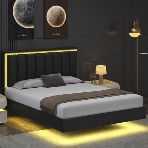IMMERSTABLE Floating Bed Frame Queen, Queen Upholstered Bed Frame with Headboard, RGB LED Ligths, Solid Wood Slats Support, No Box Spring Needed, Noise-Free, Easy Assembly, Black IMMERSTABLE
