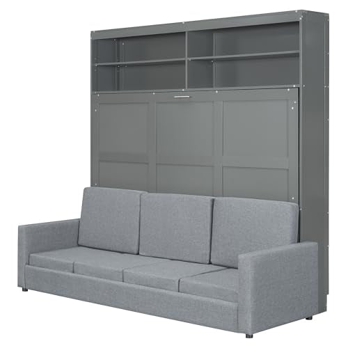 LZ LEISURE ZONE Queen Size Murphy Bed, Wooden Queen Murphy Bed with Sofa, Cushion and Shelves, Gray LZ LEISURE ZONE