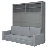 LZ LEISURE ZONE Queen Size Murphy Bed, Wooden Queen Murphy Bed with Sofa, Cushion and Shelves, Gray LZ LEISURE ZONE