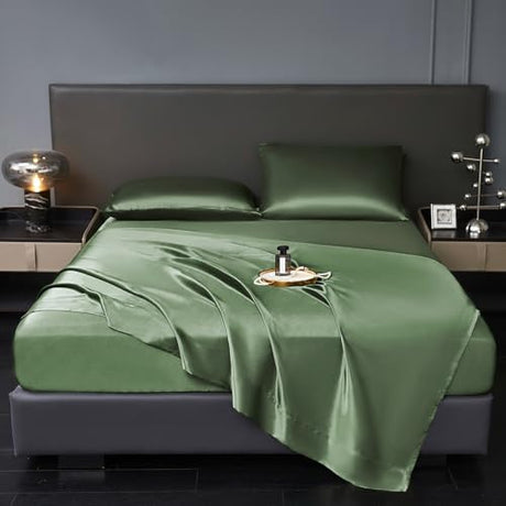 Revdomfly 4 Pcs Queen Size Luxury Silky Soft Olive Green Satin Sheet Set,1 Premium Moisture Wicking Fitted Sheet Fits Up to 16 Inches Deep Pocket + 1 Flat Sheet + 2 Pillowcases（Olive Green, Queen） Revdomfly