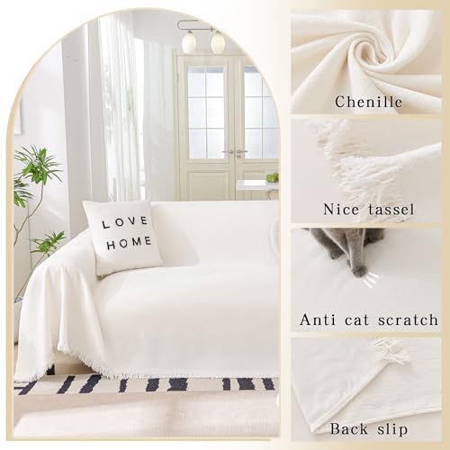 DreDecor White Couch Cover for Dogs Washable,Sofa Covers Washable,Chenille Loveseat Covers, Sofa Covers for 2 Cushion Couch,Soft Sofa Slipcovers and Furniture Covers for Sofa and Loveseat,71" X 118" DreDecor