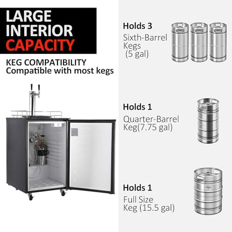 TROPOW 6.1 CF Beer Kegerator, Dual Tap Draft Beer Dispenser, Full Size Stainless Steel Keg Refrigerator With Drip Tray, 32°F- 50°F Temperature Control, 170L TROPOW