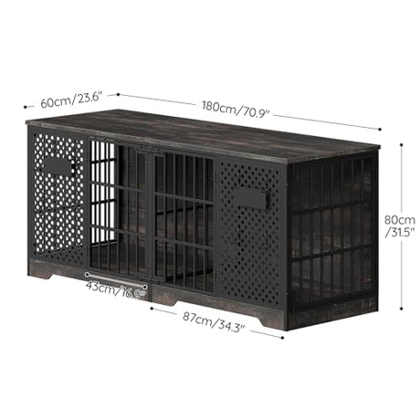 HOOBRO 71" Dog Crate Furniture for 2 Large Dogs, Heavy Duty Indoor Kennel with Removable Divider & Name Tags, TV Stand Cage Furniture for Medium & Large Dogs, Charcoal Gray & Black BC84GW03 HOOBRO