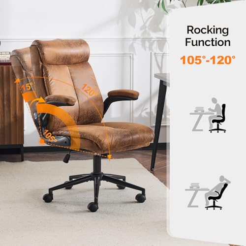 VINGLI Microfiber Brown Rolling Ergonomic Office Desk Chair with Padded Flip-up Arms, 360°Swivel High Back Executive Computer Chair with Wheels for Game，Home Small Space, Study Room, Reading Room VINGLI