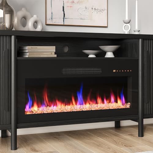 BELLEZE 66" TV Stand with 36" Electric Fireplace, Wood Console Table for TVs up to 75 Inches, Entertainment Center with Storage Cabinets for Living Room, Bedroom - Portman (Espresso Black) BELLEZE