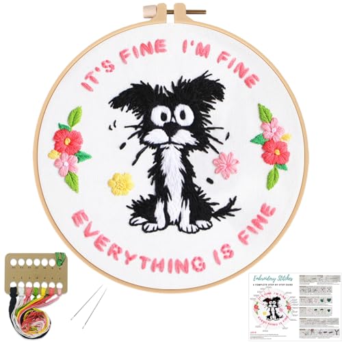 Louise Maelys Funny Dog Embroidery Kits for Beginners,Cross Stitch Kit for Adults,DIY Needlepoint with Cute Animal Pattern -It's Fine I'm Fine Everything is Fine