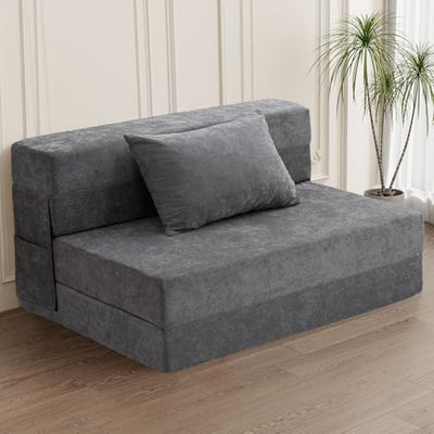 HOMFINE Folding Sofa Bed - Convertible Sleeper Chair with Pillow, Fold Out Couch, Memory Foam Floor Mattress, Futon Couch, Lazy Sofa for Living Room/Dorm/Guest Room/Home Office, Twin, Gray