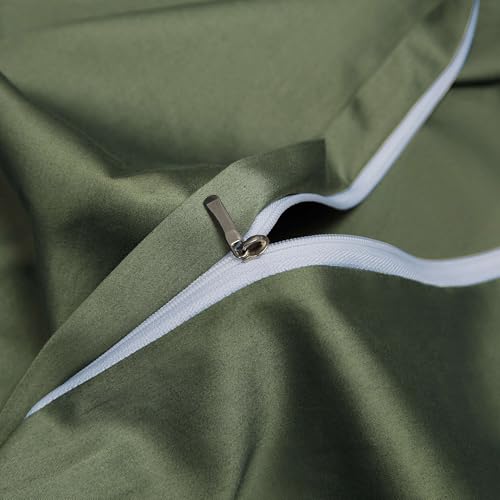 Olive Green Cotton Duvet Cover Set Queen 100% Long-Staple Cotton Sateen Bedding Set, Soft Breathable Smooth Organic Pure Cotton Plain Comforter Cover, Luxury Minimalist Bedroom Decor for All Season YASMENG