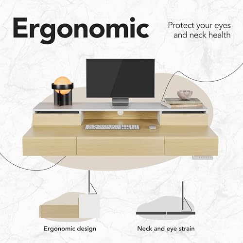 HUANUO Standing Desk with Drawers, 48 Inches Electric Height Adjustable Desk with Storage, Whole-Piece Board Sit Stand Up Desk with Monitor Shelf, Light Walnut HUANUO
