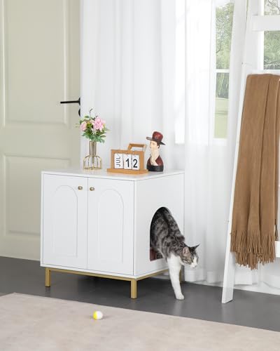 Hzuaneri Cat Litter Box Enclosure, Hidden Litter Box Furniture, Wooden Pet House Side End Table, Storage Cabinet Bench, Fit Most Cat and Litter Box, Living Room, Bedroom, White and Gold CB812 - WoodArtSupply