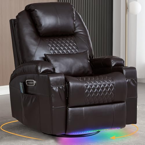 IBTKIG Power Swivel Rocker Recliner with Dual Motor, 240° Electric Glider Recliner with Heat & Massage, Rocking Chair Theater Seating with LED/Lumbar Pillow/USB Port/Cup Holders（Faux Leather Brown, 1）
