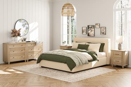 WAMPAT 4 Piece Bedroom Set, Set of 2 Wooden Dressers with 3 Drawers, Set of 2 Rattan Bedside Table Side Tables with Charging Station, 4 Piece Dresser and Nightstand Sets, Oak WAMPAT