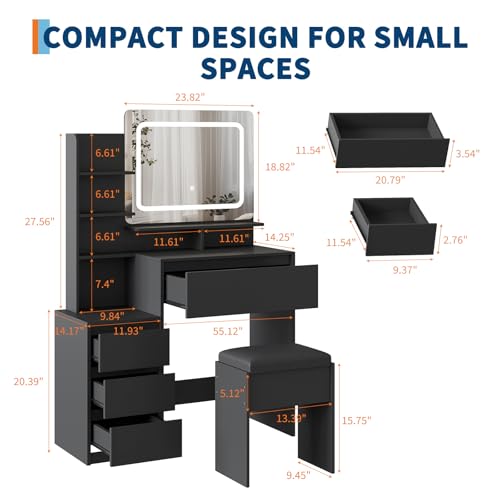 GarveeHome Vanity Desk with Mirror and Lights, Makeup Vanity with Power Outlet, 3 Color Adjustable Light, Dressing Table with 4 Drawers, Storage Shelves & Stool for Bedroom, Black GarveeHome