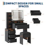 GarveeHome Vanity Desk with Mirror and Lights, Makeup Vanity with Power Outlet, 3 Color Adjustable Light, Dressing Table with 4 Drawers, Storage Shelves & Stool for Bedroom, Black GarveeHome