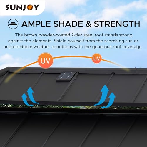 Sunjoy Wooden Grill Gazebo, 8 x 12 ft. Steel Hardtop Gazebo with Solar Power for Year-Round Grilling - 2 Full Size Grills, Griddles or Smokers - Sunjoy