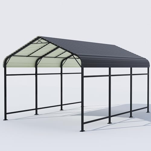 Greesum 10x15FT Metal Carport with Heavy Duty Frame and Galvanized Steel Roof, Round Carports with Side Support Rods, Canopy Shelter for Car, Pickup Trucks, Boats and Tractors, Party, Gray Greesum