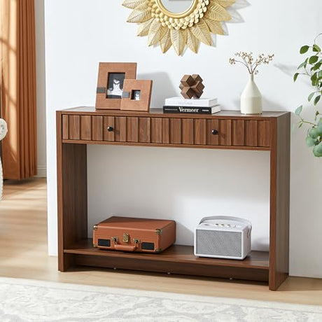 RUSTYER Console Table with Drawers, Narrow Mid-Century Fluted Entryway Table Sofa Table with Storage Shelf, Wood Entry Table Accent Behind Couch Table for Entrance, Hallway, Living Room (Walnut) RUSTYER