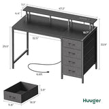 Huuger 47 Inch Computer Desk with Power Outlets and LED Lights, Gaming Desk with 4 Drawers, Office Desk with Monitor Stand, Study Desk Work Desk for Home Office, Small Spaces, Black Huuger