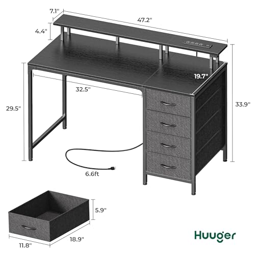 Huuger 47 Inch Computer Desk with Power Outlets and LED Lights, Gaming Desk with 4 Drawers, Office Desk with Monitor Stand, Study Desk Work Desk for Home Office, Small Spaces, Black - WoodArtSupply