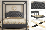 GarveeHome Upholstered Canopy Bed Frame Queen Size with Headboard, Button Tufted, Nailhead Trim Design, No Box Spring Required, Dark Grey(Shipped in 2 Boxes)