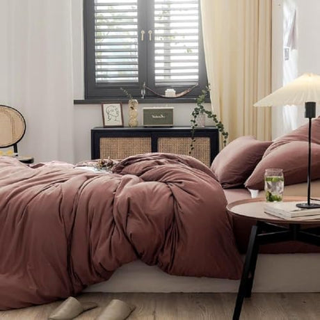 LifeTB Brick Red Duvet Cover Queen Size Soft Jersey Knit Cotton Bedding Set Minimalist Clay Rust Red Comforter Cover 3 Pieces Solid Color Bedding Knitted Cotton Duvet Cover with 2 Pillowcases LifeTB