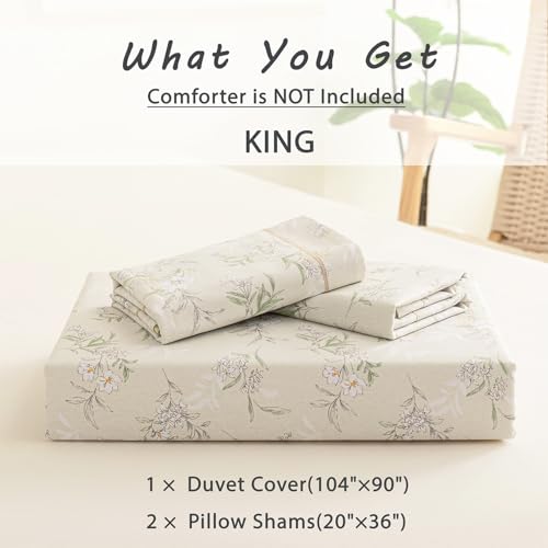 LEMIROE Vintage 100% Cotton Duvet Cover King Size 3PC - Delicate White & Golden Flowers on Beige, Textured Dusty Yellow Back, Botanical Luxurious Bedding Sets with Button Closure (King, 104"×90") LEMIROE