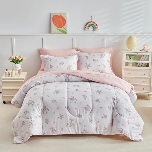 Joyreap 6pcs Bed in a Bag for Girls, Floral Pink Design, Twin Size Microfiber Comforter Sheet Set, Soft Cozy Bedding Comforter Set for All Season Joyreap